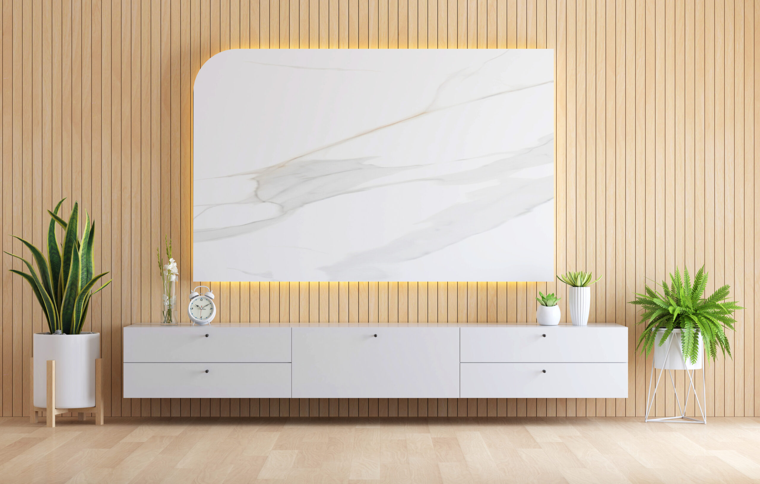 Marble on wall in living room for mock up , 3D rendering